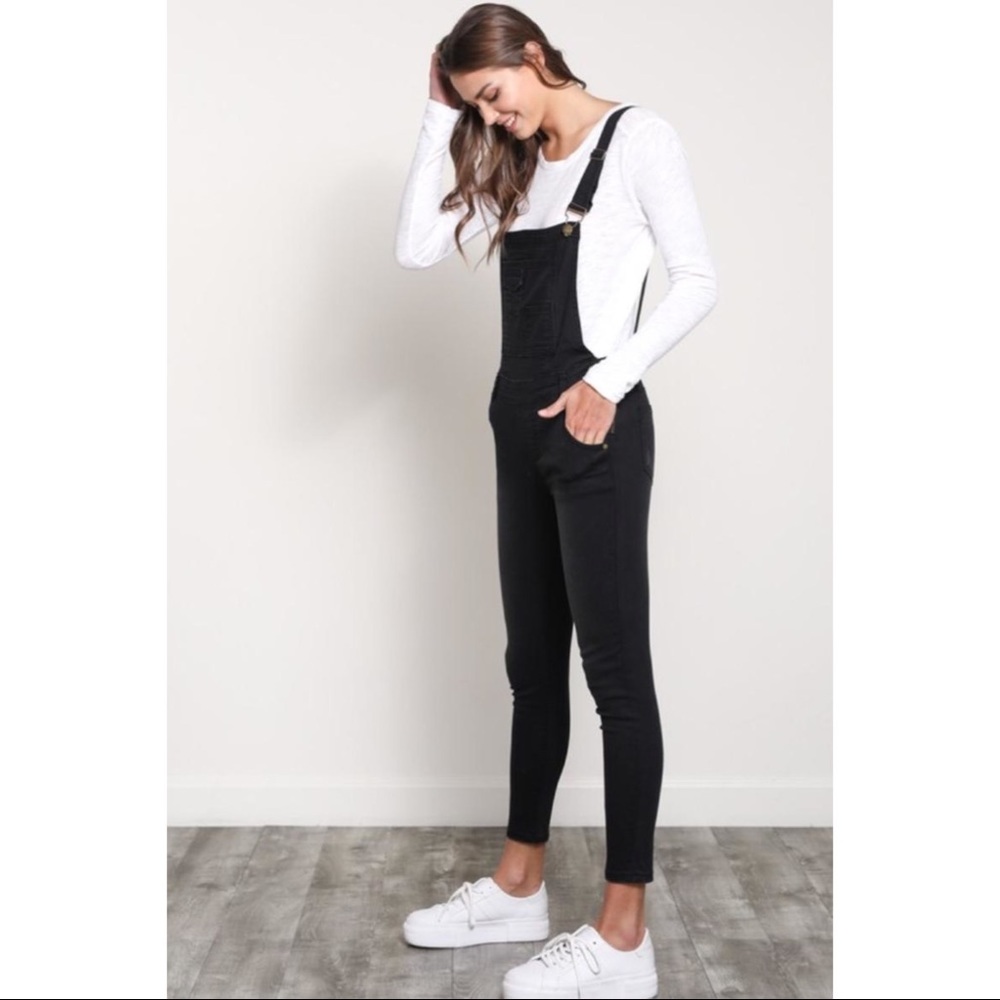 Black Denim Skinny Jean Overalls with Open Back